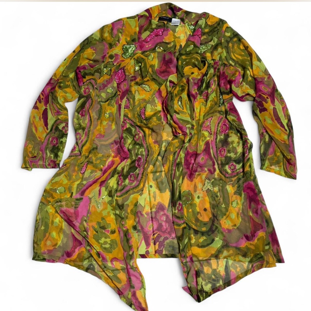 Ashro vibrant Colorful Boho Style Beaded Pullover Sheer Cardigan - Size M